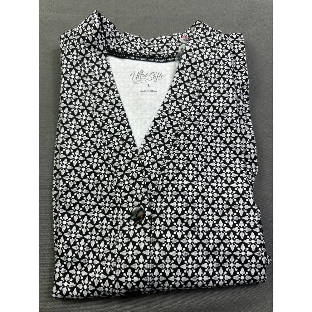 National UltraSofts Women Black White Geometr Floral Button Front Cardigan Top L